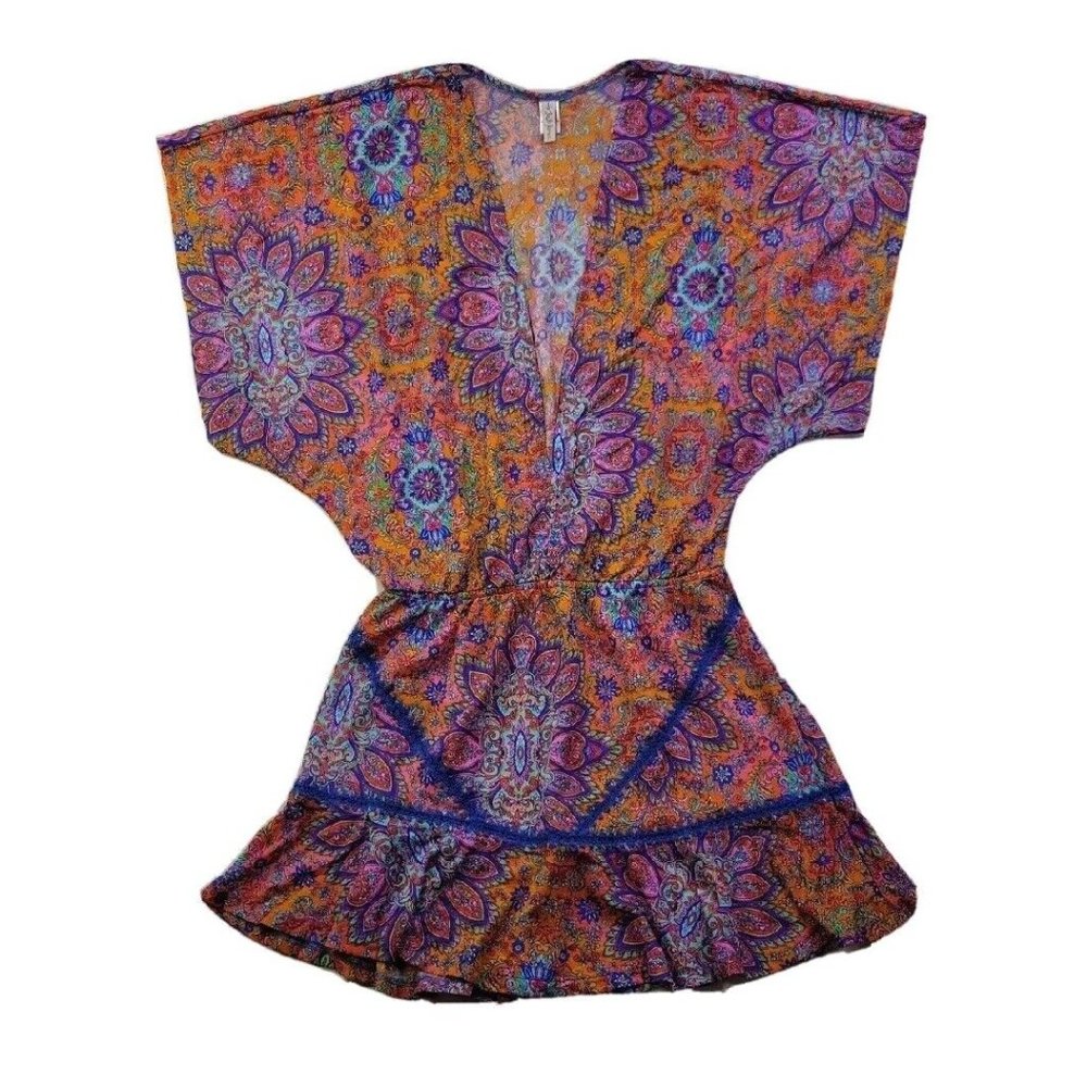 Luli Fama Women's M Swimsuit Cover-Up Dress Bright Colored Floral Deep V-Neck